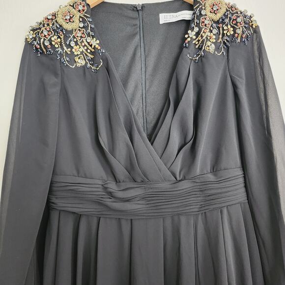 NEW Ieena For Mac Duggal Black Embellished Bead Shoulder Blouson Sleeve Gown - Picture 9 of 14